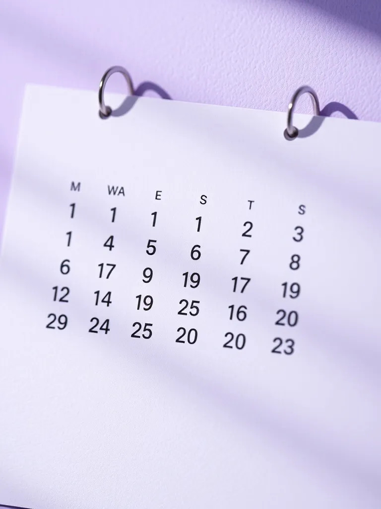 Close up of a clean paper calendar with soft purple shadows,