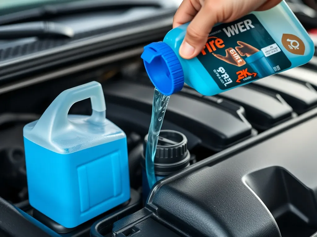 Close up of a person pouring blue washer fluid into a car re