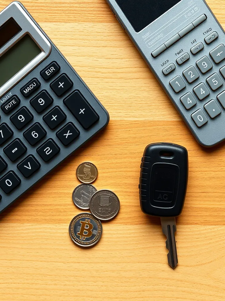 A calculator, a car key, and some coins on a wooden table, t