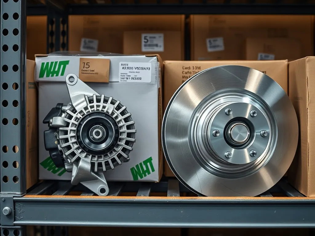 A new boxed car alternator and brake discs on a warehouse sh