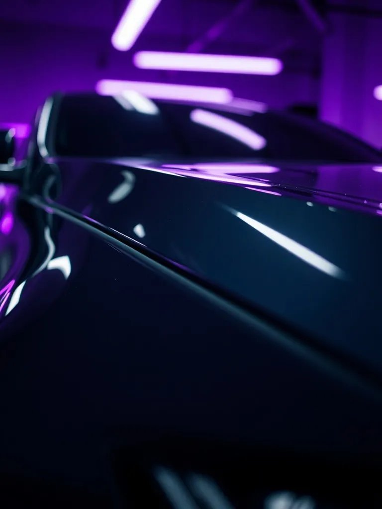 A shiny car being polished in a garage, focus on the reflect