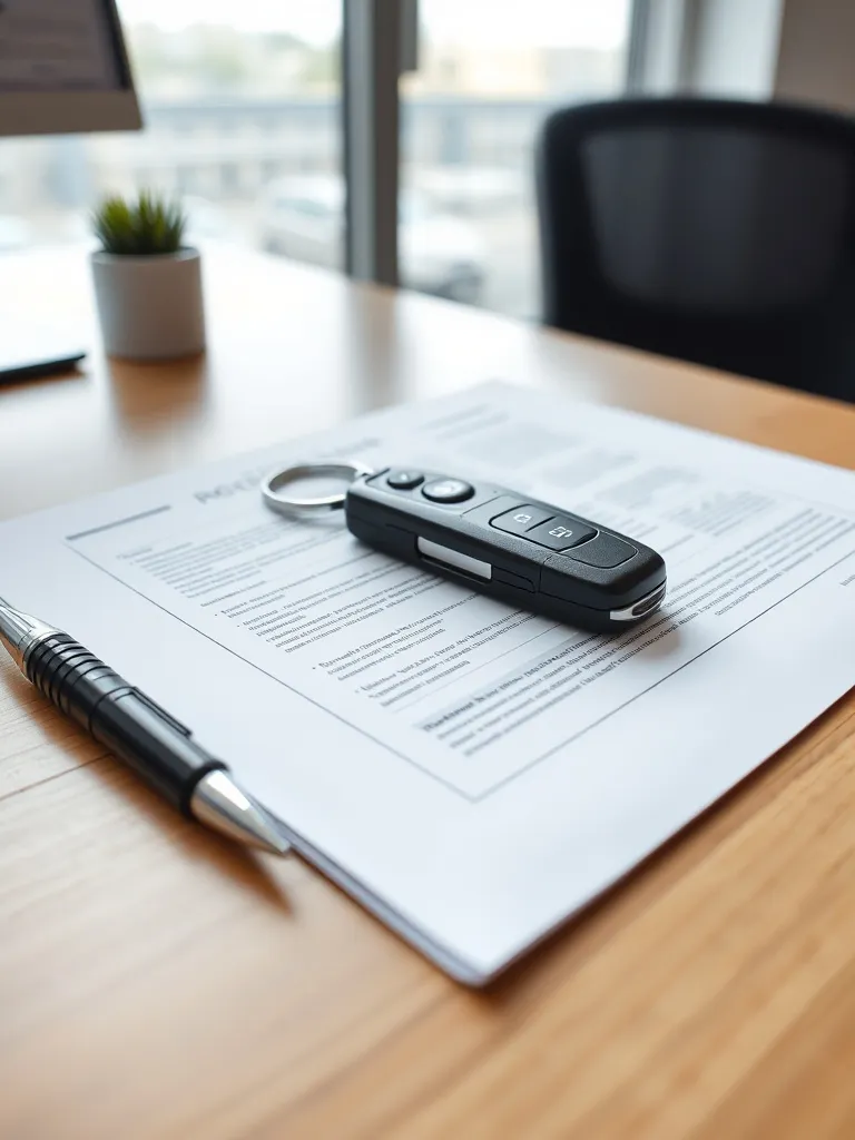 A clean office desk with a car key and a pen on a document,
