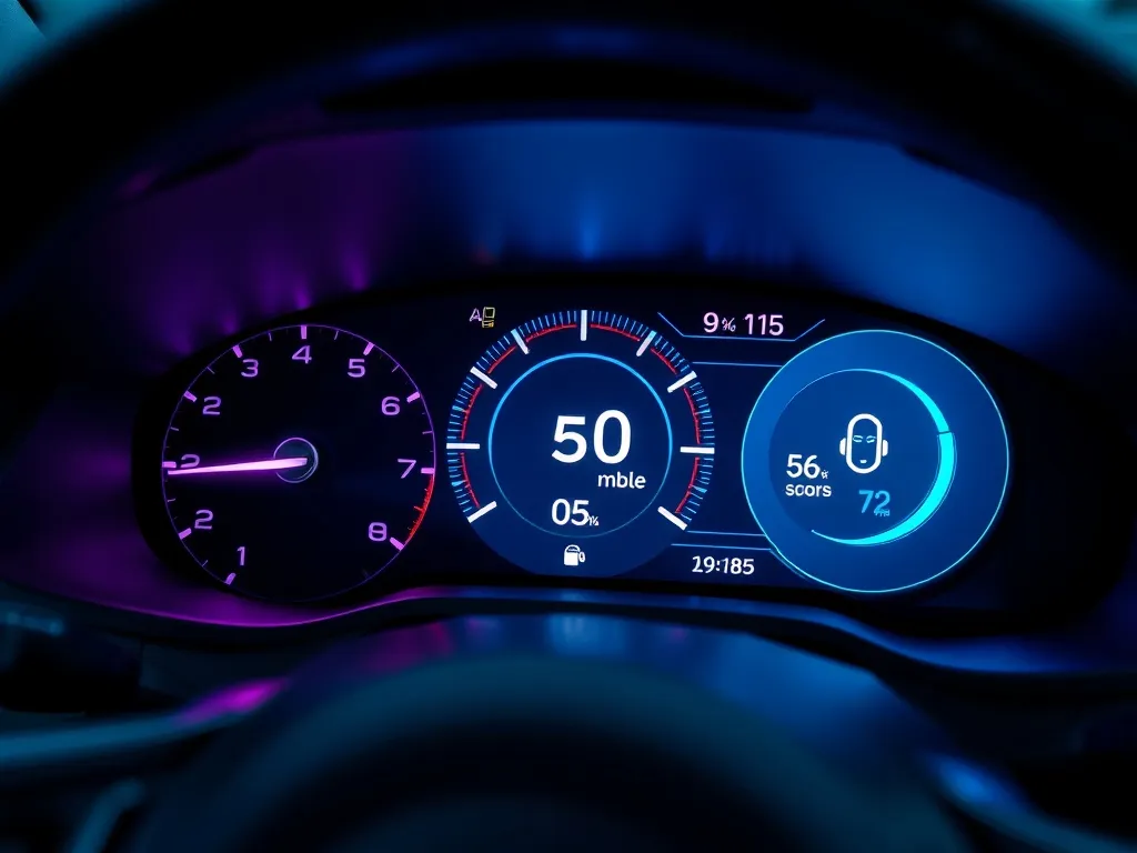 A close up of a modern car dashboard showing a high fuel eff