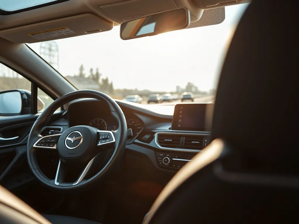 A close up of a modern car dashboard and steering wheel in b
