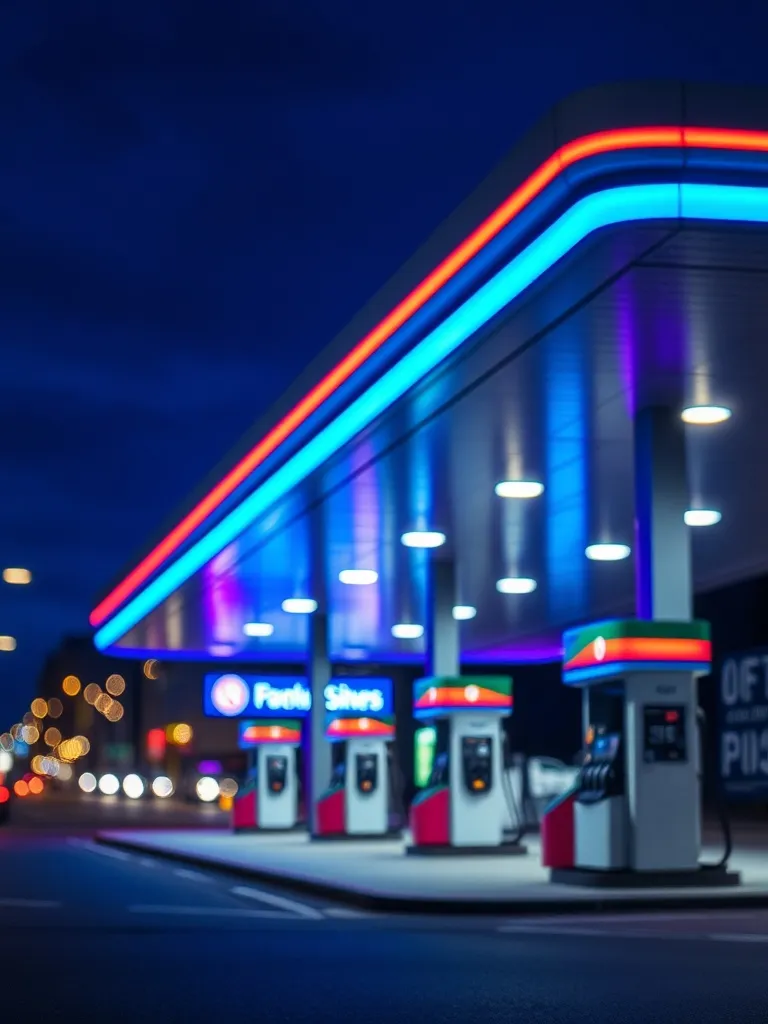 A modern petrol station in London at dusk, blurred city ligh