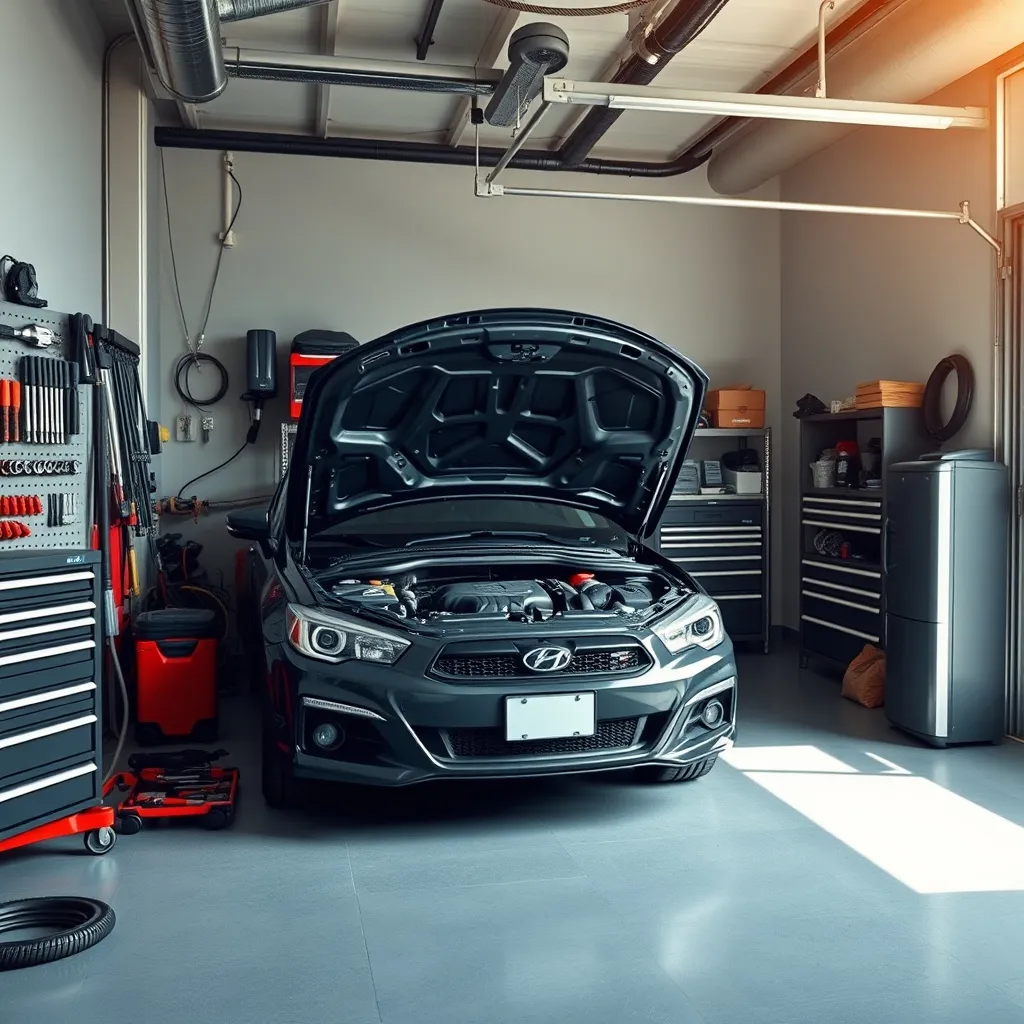 A clean organized home garage with a socket set and a car en