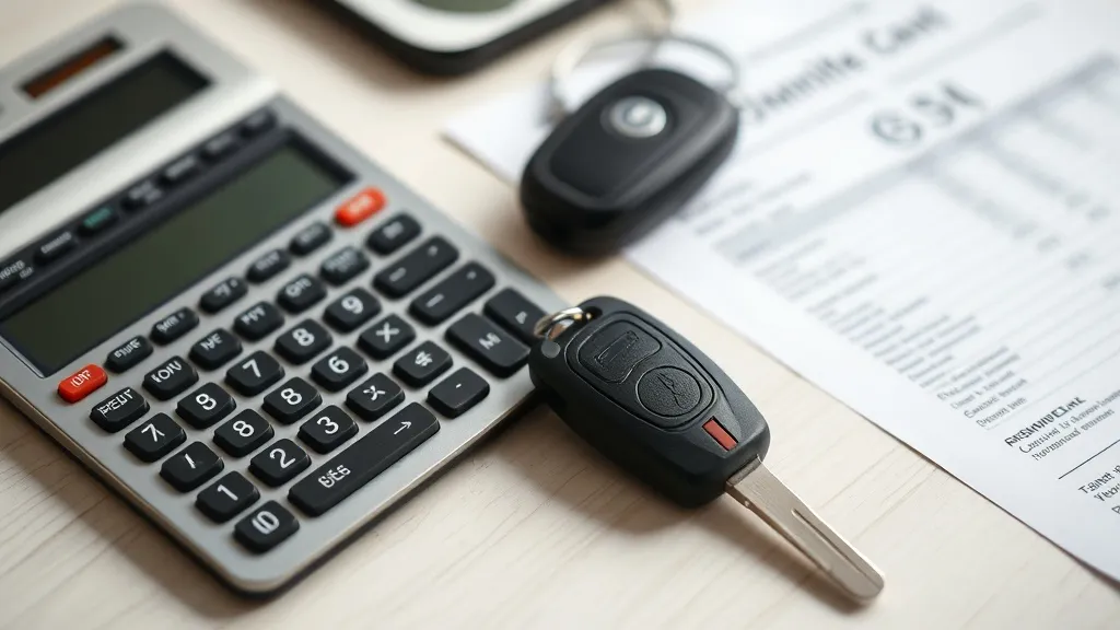 A calculator on a desk next to a car key and a bank statemen