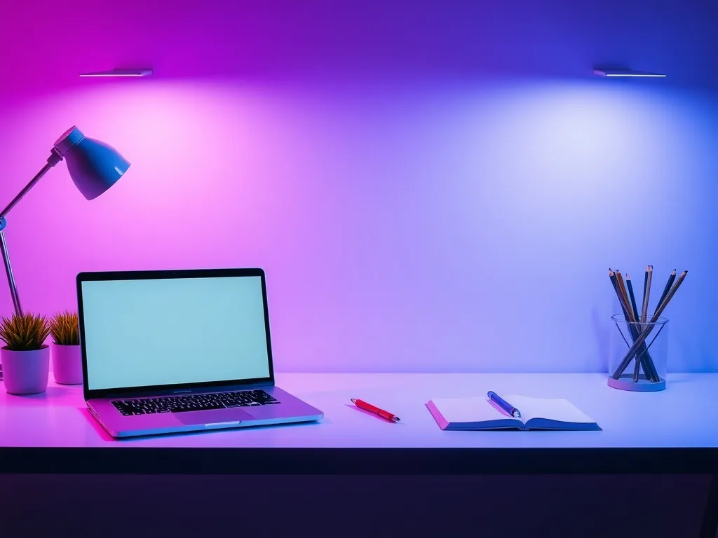 A clean minimalist office desk with a laptop and a notebook,