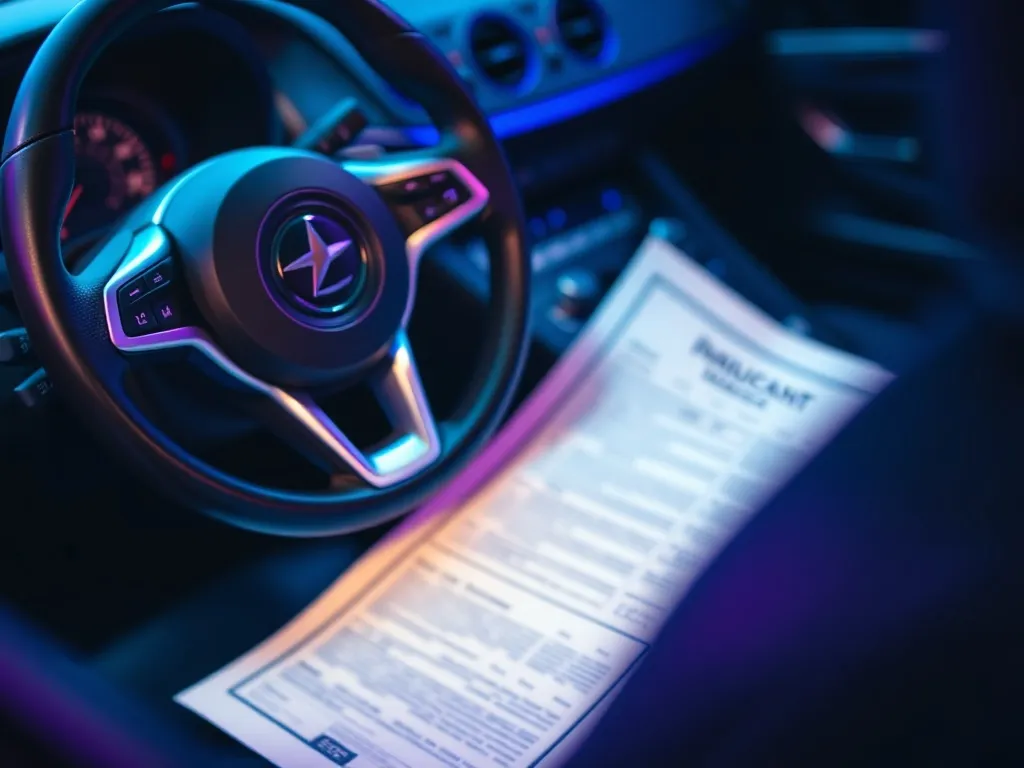 A close-up shot of a luxury car steering wheel and a blurred