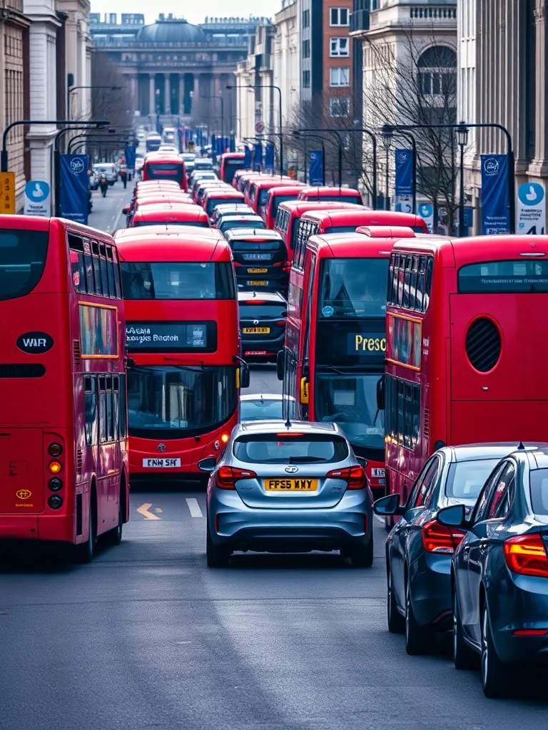 A busy London street with red buses and cars in traffic, hig