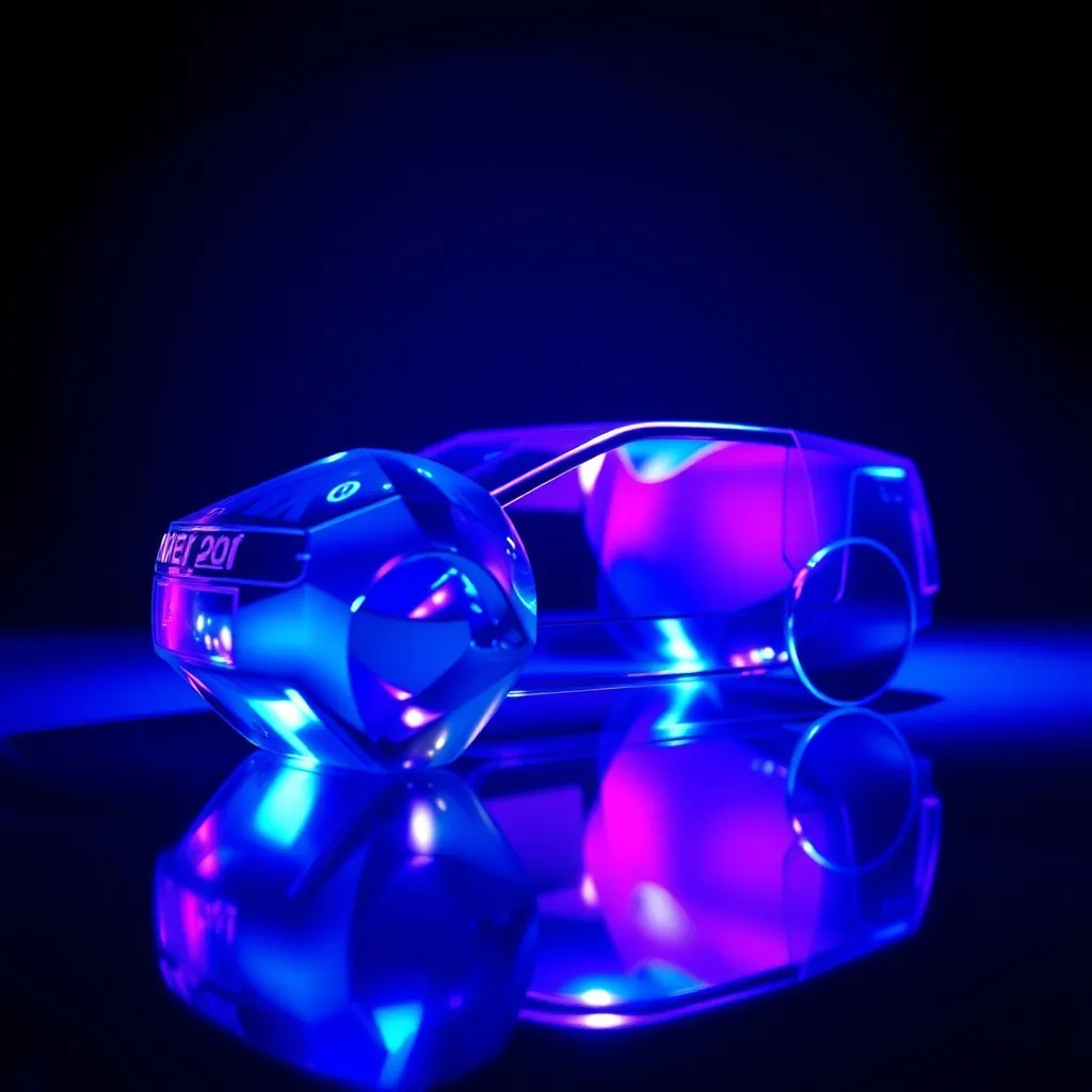 Abstract glass shapes reflecting blue and purple light, repr