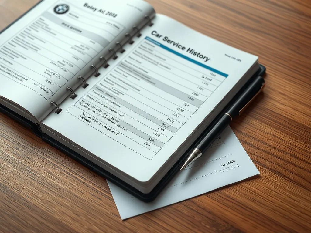 A car service history book with receipts and a pen on a wood