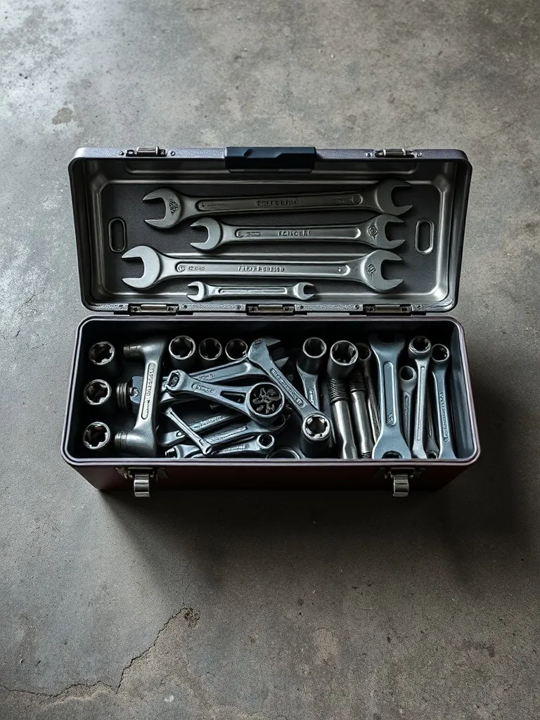 A metal toolbox with various wrenches and sockets on a concr