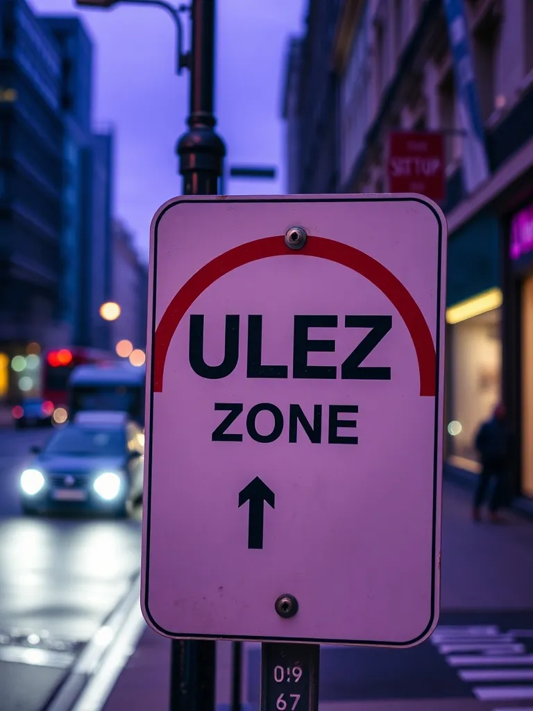 A close up of a ULEZ zone sign on a London street, urban env